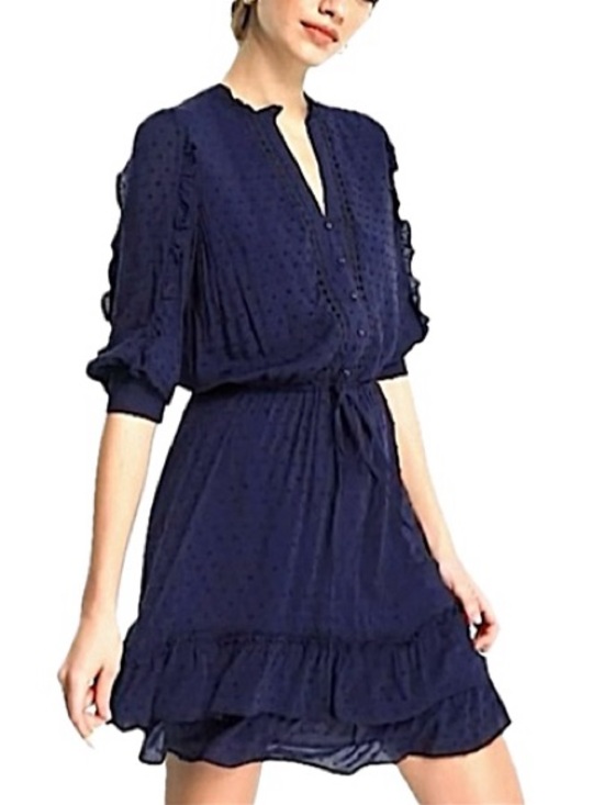 ASOS Dresses & Skirts - NWT ASOS Swiss Dot Ruffle Skater Dress Size 12 Oasis Navy Tie Waist Button Front